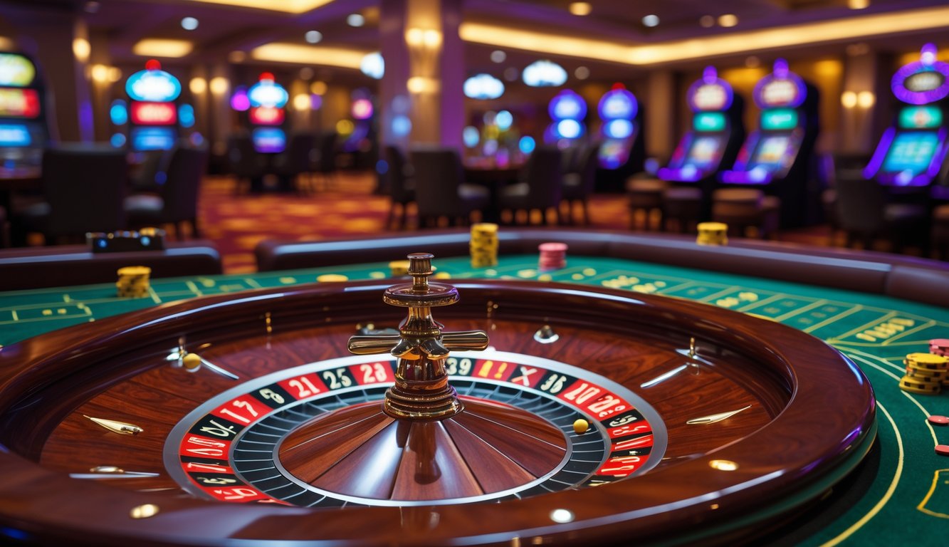 Meja roulette kasino mewah dengan roda roulette berputar dan chip taruhan di atas meja hijau.