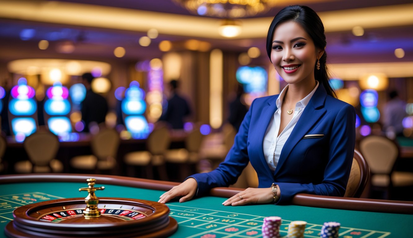 Seorang dealer roulette wanita Indonesia berdiri di belakang meja roulette di kasino dengan suasana mewah dan pencahayaan hangat.