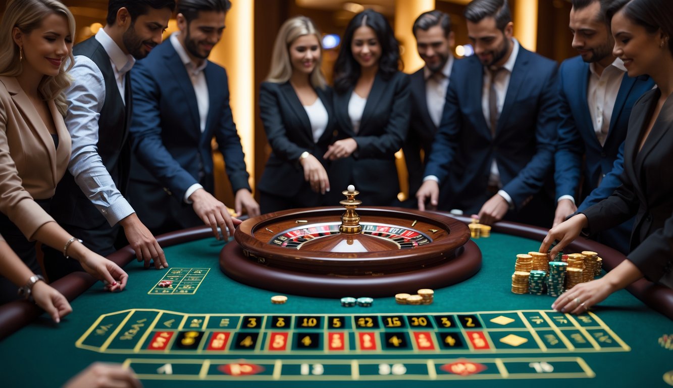 Meja roulette kasino mewah dengan pemain yang sedang memasang taruhan di sekitarnya.