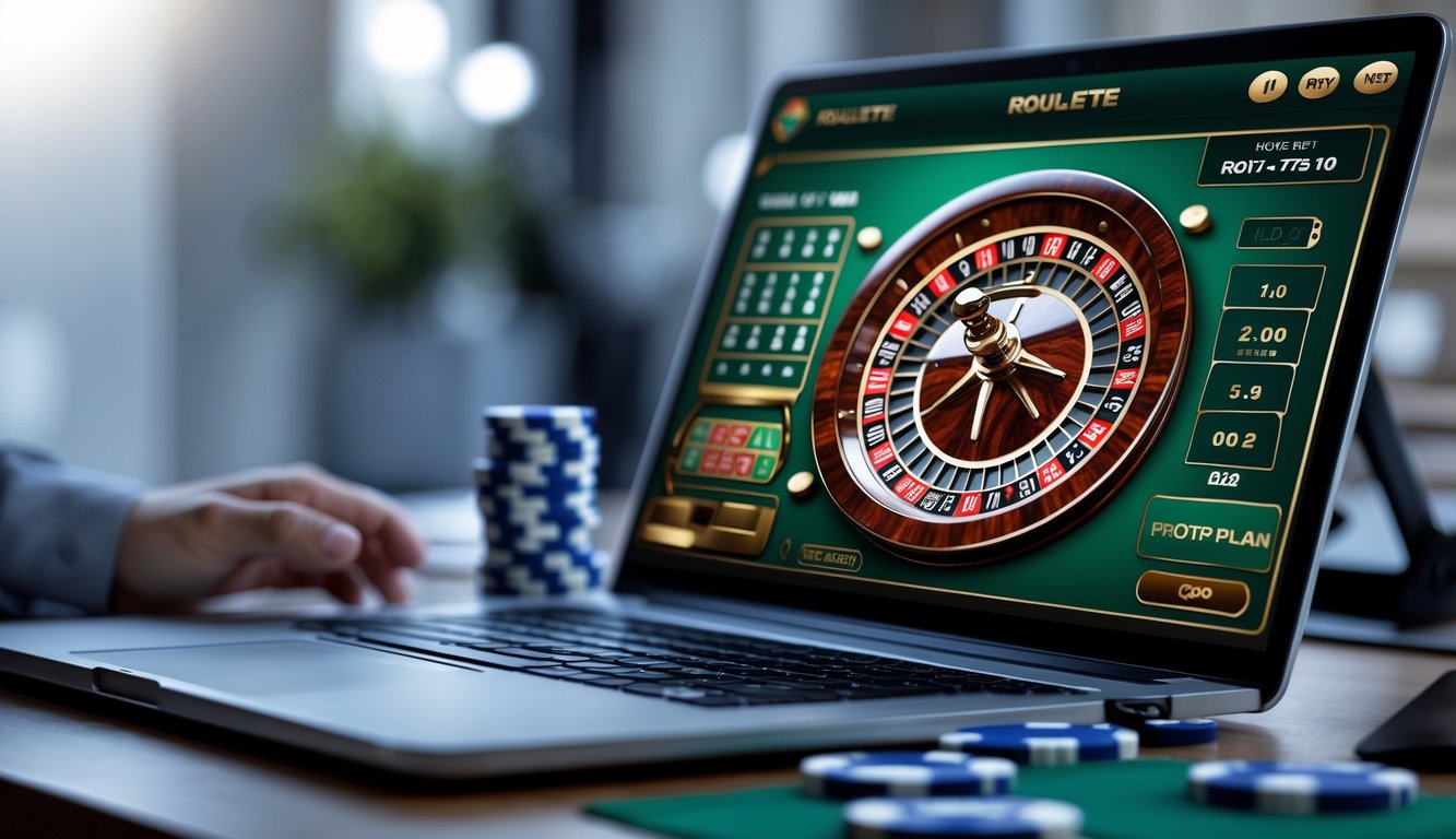 Sebuah layar komputer menampilkan permainan roulette online dengan roda roulette digital yang berputar dan chip poker di sekitar meja.