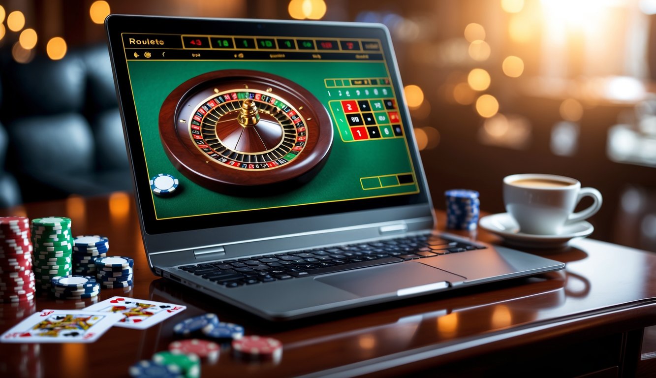 Sebuah meja dengan komputer menampilkan roda roulette online, dikelilingi chip poker dan kartu remi.