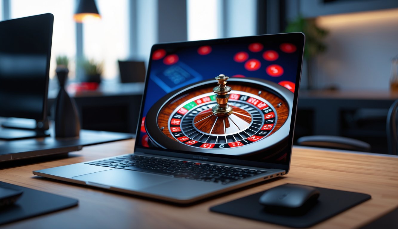 Sebuah meja dengan komputer menampilkan roda roulette online yang sedang berputar dalam suasana modern dan rapi.