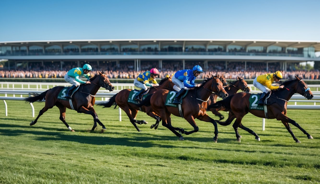 Lomba pacuan kuda dengan joki yang sedang berlomba di lintasan dengan penonton di tribun.
