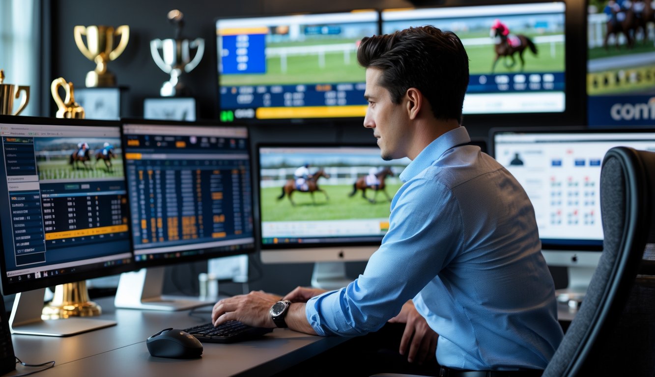 Seorang agen taruhan balap kuda online sedang bekerja di depan beberapa layar komputer yang menampilkan data dan siaran langsung balapan kuda.