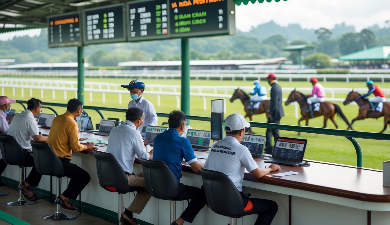 Suasana resmi tempat taruhan balap kuda di Indonesia dengan orang-orang yang memasang taruhan dan kuda sedang berlomba di lintasan.