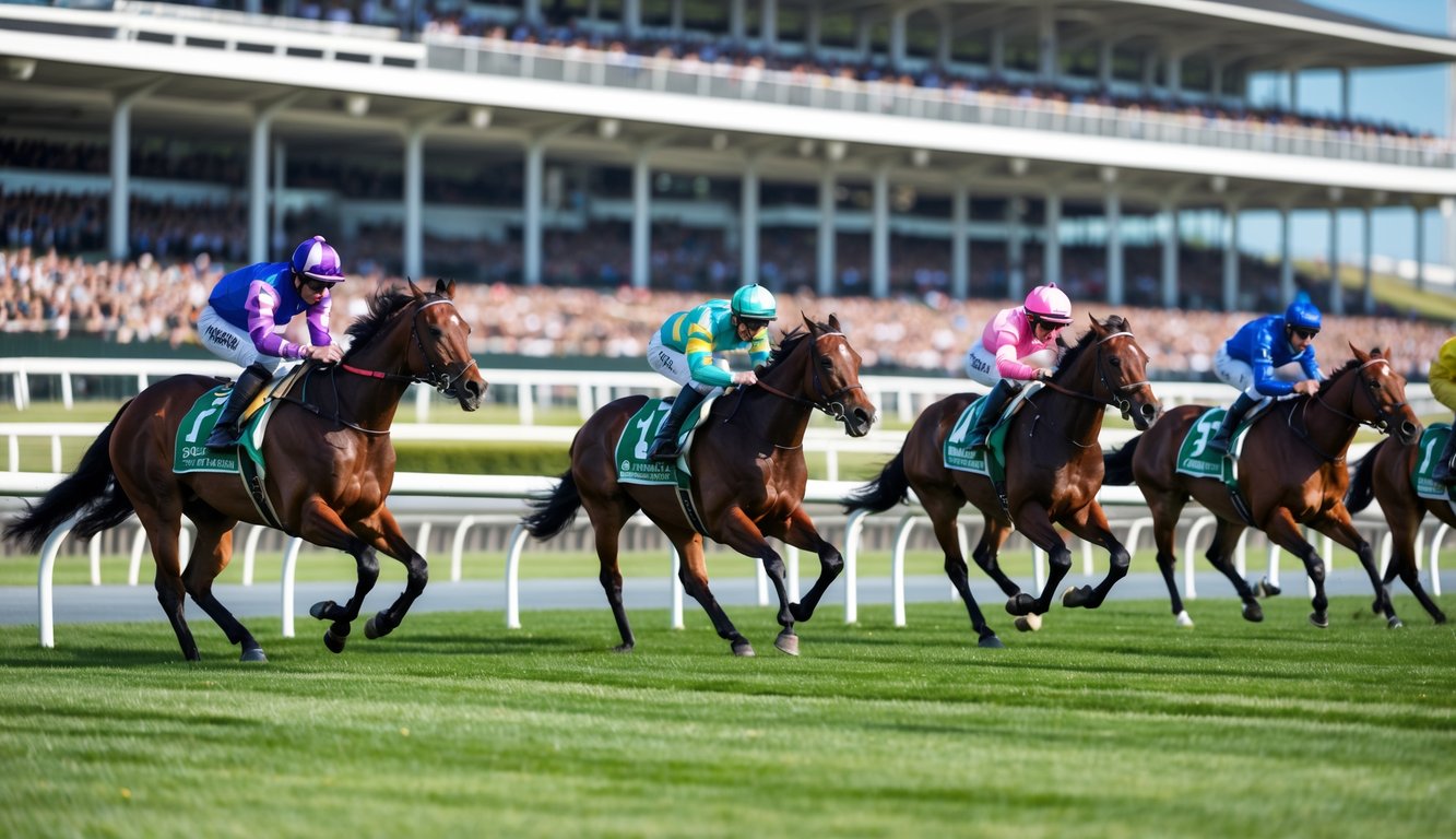 Beberapa kuda pacuan sedang berlari kencang di lintasan dengan joki mengenakan pakaian berwarna-warni dan penonton di tribun.