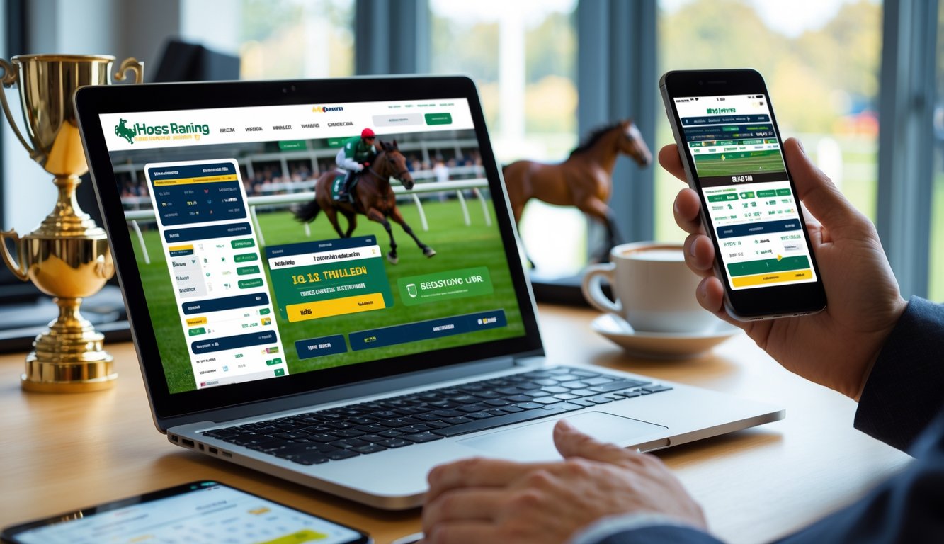 Seseorang menggunakan laptop dan ponsel untuk memasang taruhan balap kuda online di sebuah meja kerja.