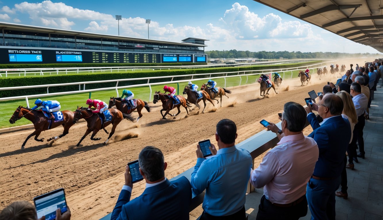 Orang-orang menonton balapan kuda dengan kuda dan joki yang sedang berlari di lintasan, suasana penuh semangat dan taruhan.