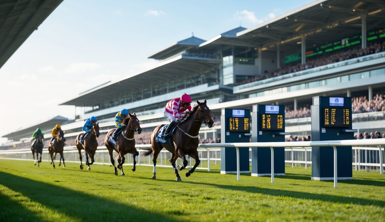 Suasana balapan kuda resmi dengan joki menunggang kuda di lintasan dan penonton di tribun.
