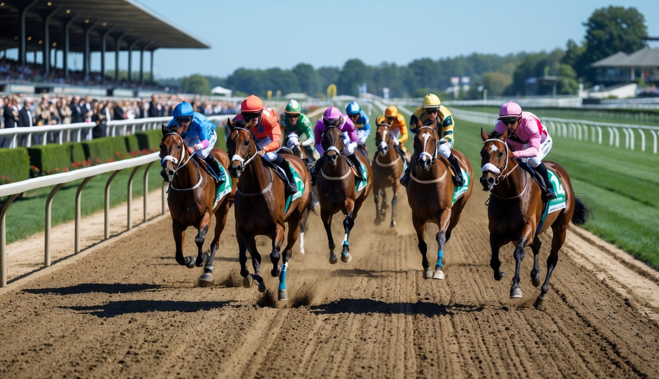 Balapan kuda dengan joki yang sedang berlomba di lintasan dengan penonton di tribun.