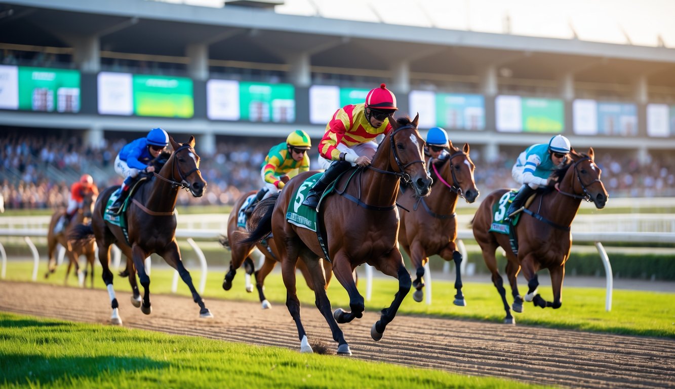 Beberapa kuda pacu dan joki sedang berlomba di lintasan balap dengan penonton di tribun.