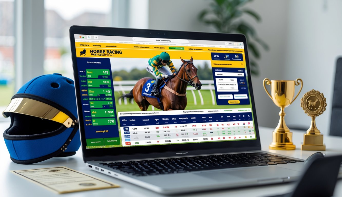 Seorang pengguna komputer di meja kerja dengan layar menampilkan situs taruhan pacuan kuda online, dikelilingi oleh helm joki dan trofi kecil.