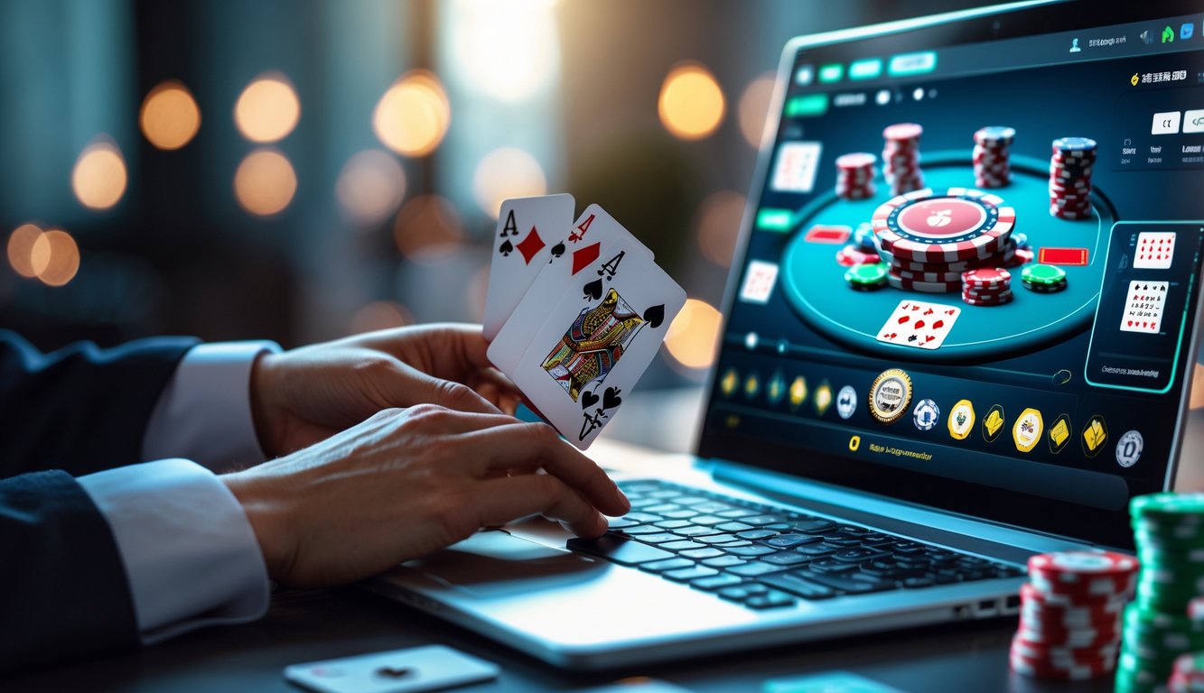Seseorang bermain poker online menggunakan komputer dengan kartu dan chip poker di meja.