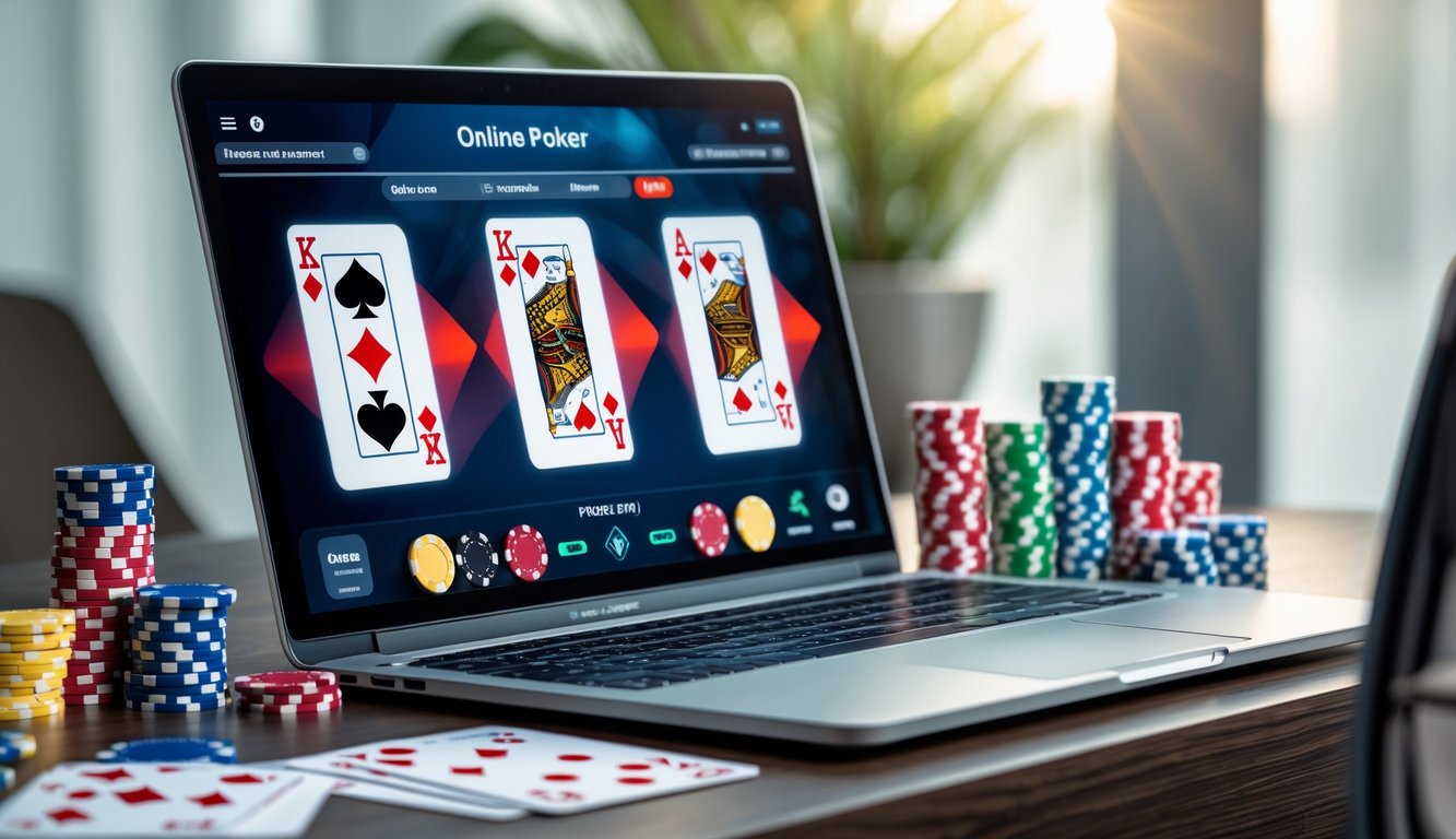 Meja kerja modern dengan laptop yang menampilkan permainan poker online, dikelilingi oleh chip poker dan kartu remi.