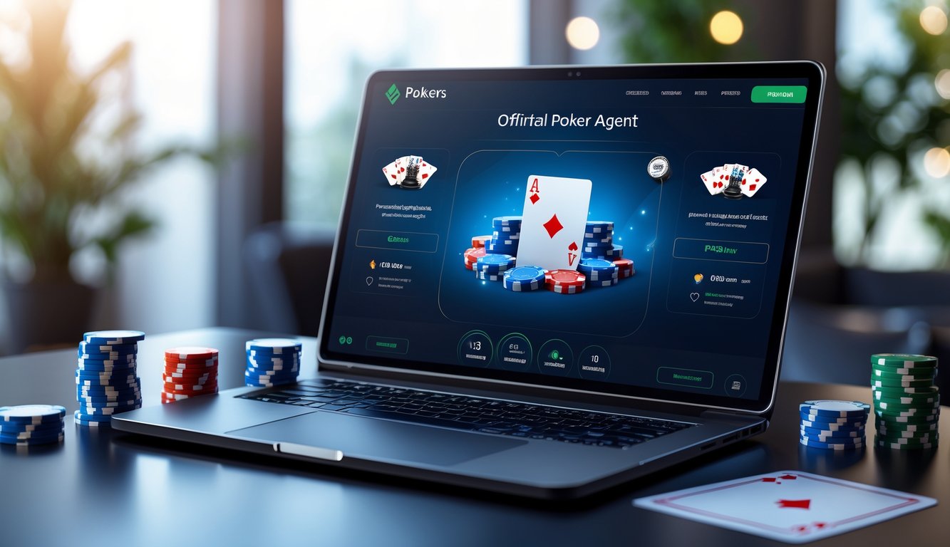 Meja kerja modern dengan laptop, kartu poker, dan chip poker yang menunjukkan suasana permainan poker online resmi.
