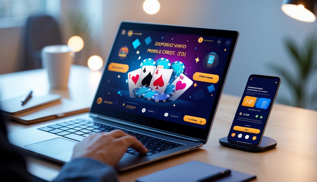 Seorang pengguna melakukan deposit poker online menggunakan ponsel dan laptop di meja kerja yang rapi.