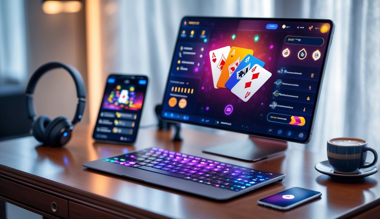 Sebuah meja dengan komputer menampilkan permainan poker online dan beberapa aksesori teknologi di sekitarnya.