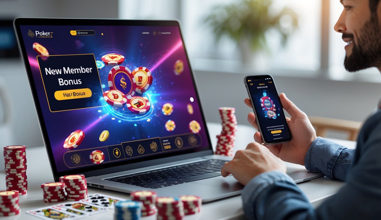 Seorang pemain muda duduk di depan komputer dengan layar menampilkan permainan poker online dan tumpukan chip poker di meja.