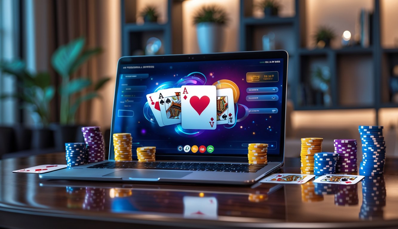 Sebuah laptop di atas meja kayu dengan tumpukan chip poker dan kartu bermain, di latar belakang ruang santai yang rapi.
