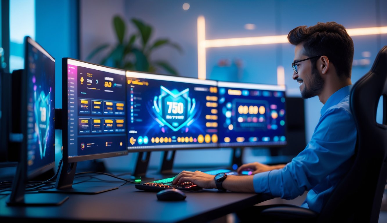 Seorang pria menggunakan komputer dengan beberapa monitor di ruang kerja modern yang terang dan rapi.