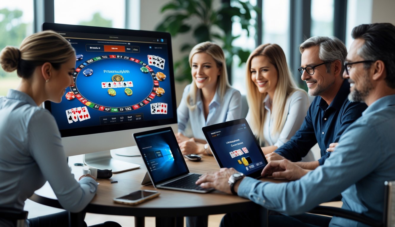 Beberapa orang dewasa duduk di sekitar meja menggunakan komputer dan tablet untuk bermain poker online dengan suasana yang serius dan ramah.