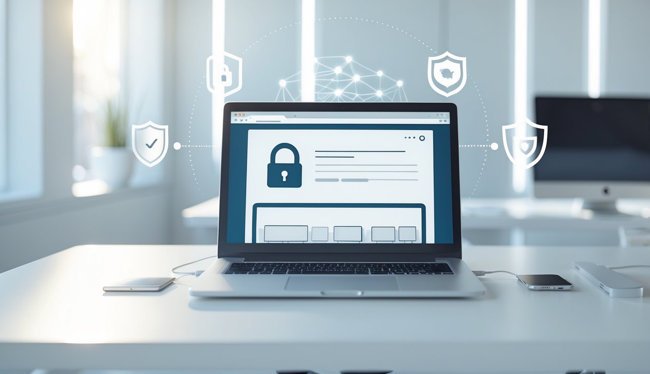 Sebuah laptop di atas meja minimalis di ruang kantor modern dengan elemen simbol keamanan di latar belakang.