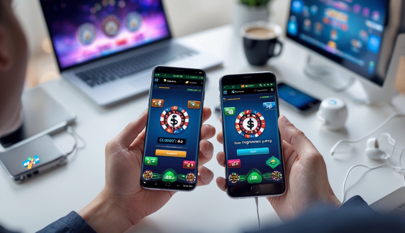 Seseorang memegang dua ponsel pintar yang menampilkan permainan poker online di atas meja kerja dengan latar belakang yang samar.