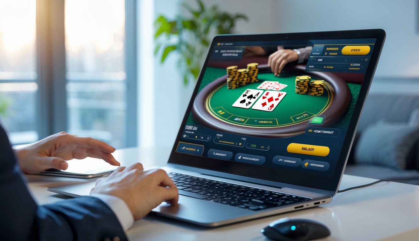 Seseorang bermain blackjack online di komputer dengan suasana ruangan yang rapi dan pencahayaan lembut.
