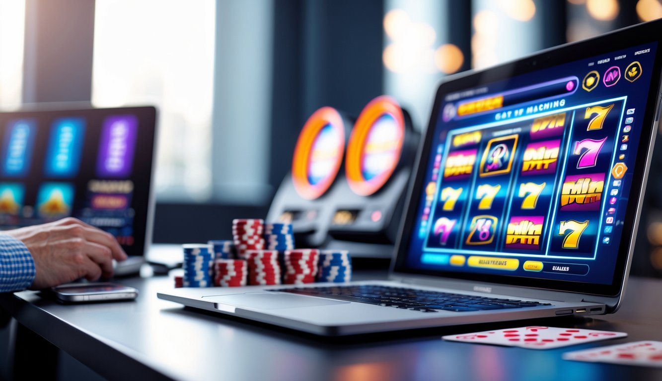 Sebuah meja kerja modern dengan laptop dan ponsel yang menampilkan permainan slot online berwarna cerah.