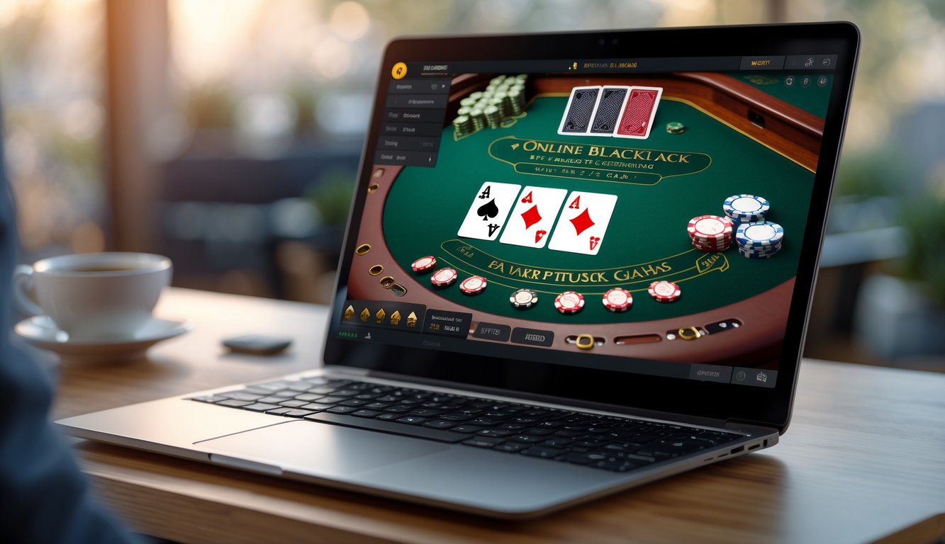Sebuah laptop di atas meja kayu menampilkan permainan blackjack online dengan kartu dan chip virtual, di ruang kerja modern yang terang.