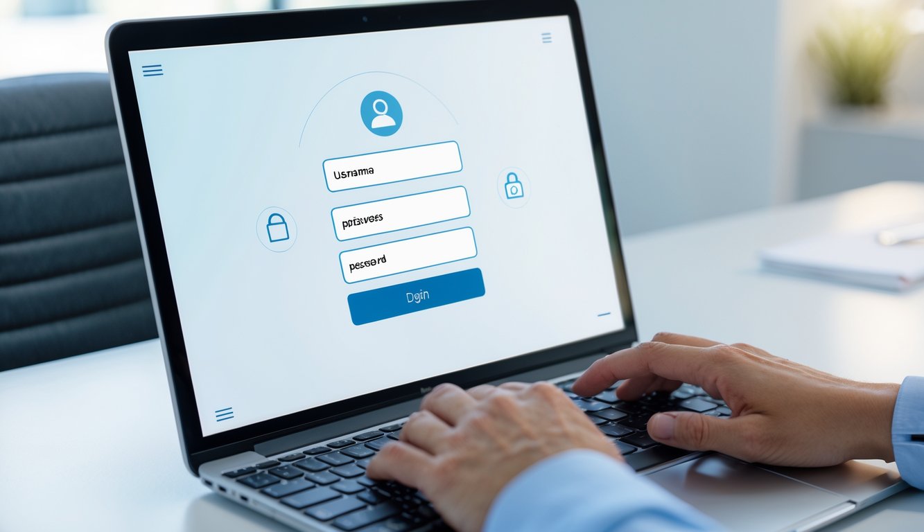 Tangan seseorang mengetik di keyboard laptop dengan tampilan layar login digital di lingkungan kantor yang terang.