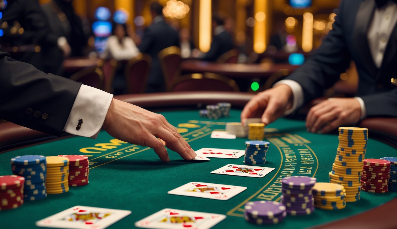 Meja blackjack kasino dengan kartu dan chip poker, dealer sedang membagikan kartu kepada pemain.