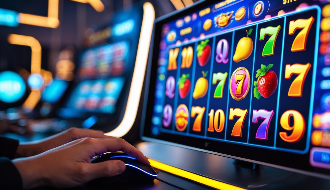 Seseorang menggunakan komputer dengan tampilan mesin slot online berwarna-warni di layar.