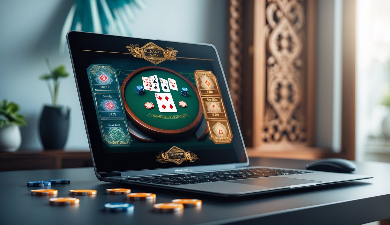 Seseorang bermain blackjack online menggunakan laptop dengan latar belakang elemen budaya Indonesia.