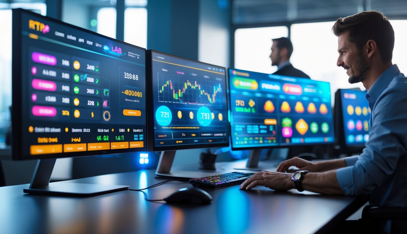 Seorang profesional menggunakan komputer dengan beberapa layar menampilkan grafik dan antarmuka permainan dalam lingkungan permainan digital modern.