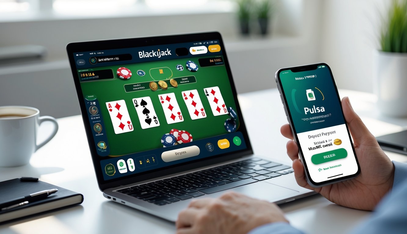Seorang pengguna menggunakan laptop dan ponsel untuk melakukan deposit pulsa saat bermain blackjack online di meja kerja yang rapi.