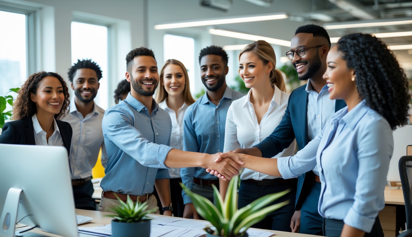 Sekelompok profesional tersenyum dan berjabat tangan di kantor modern untuk menyambut anggota baru.