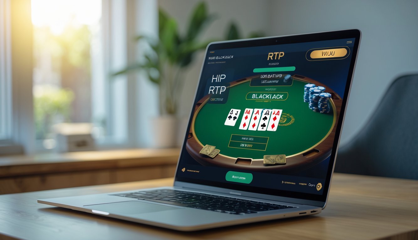 Layar laptop menampilkan permainan blackjack online dengan meja kartu dan tumpukan chip di atas meja kayu di ruang kerja yang terang.