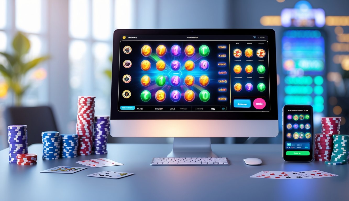 Suasana ruang kerja modern dengan komputer menampilkan angka lotere dan grafik mesin slot berwarna-warni.