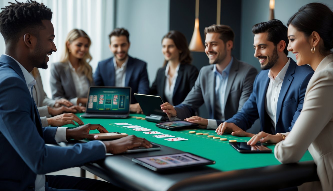 Orang-orang bermain blackjack online menggunakan perangkat digital di meja hijau virtual dalam ruangan nyaman.