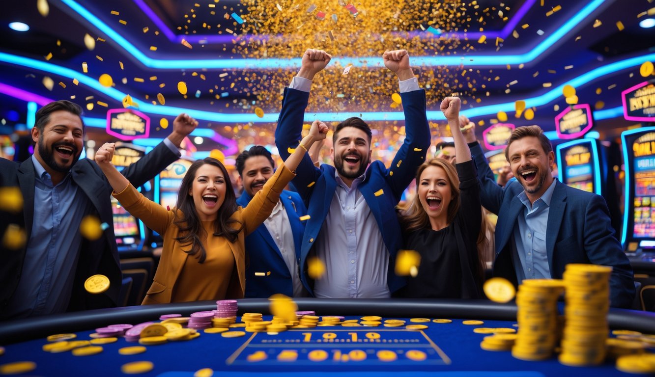 Sekelompok orang bahagia merayakan kemenangan jackpot besar di kasino dengan lampu warna-warni dan confetti.
