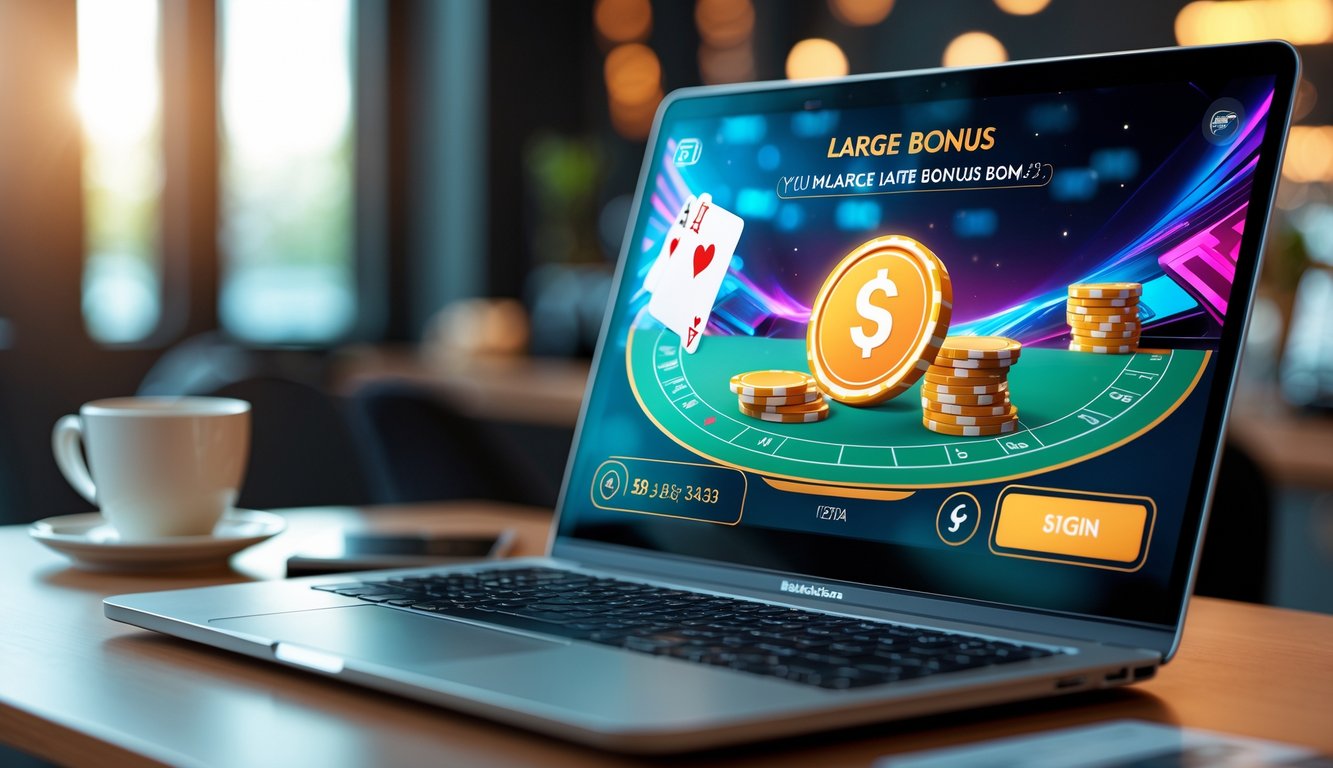 Seorang pemain sedang bermain blackjack online di depan laptop dengan tumpukan chip dan suasana meja yang rapi.
