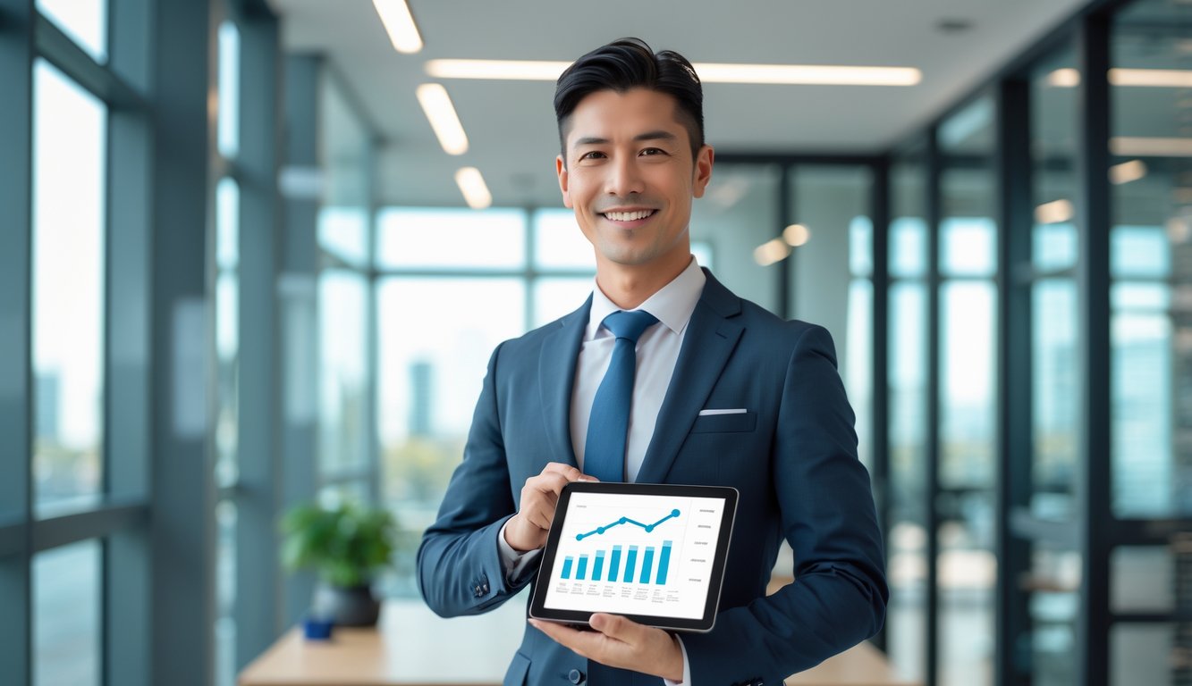 Seorang agen bisnis percaya diri di kantor modern dengan tablet digital, menunjukkan suasana profesional dan dapat dipercaya.