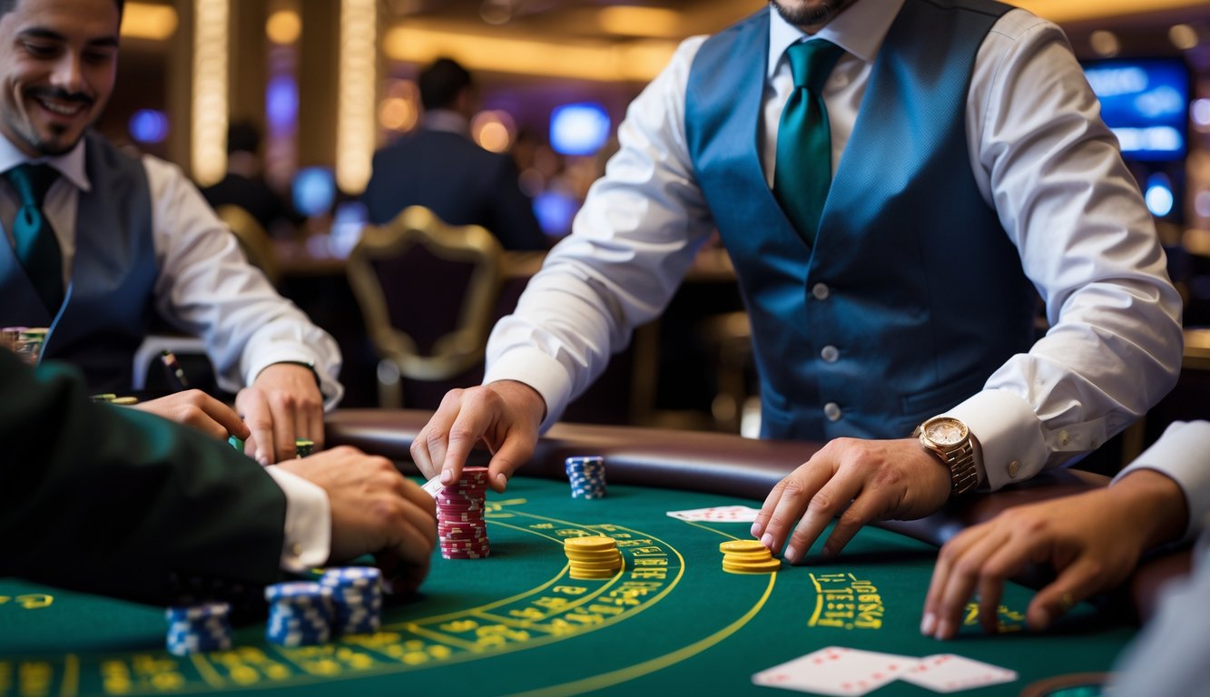 Seorang dealer blackjack langsung yang mengenakan pakaian formal sedang membagikan kartu di meja kasino hijau dengan chip dan kartu, dikelilingi oleh suasana kasino yang elegan.