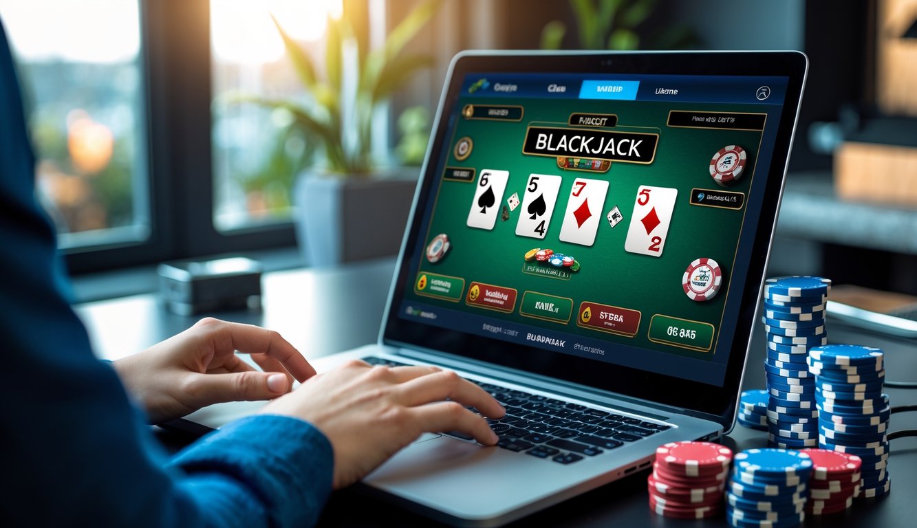 Seorang pemain sedang bermain blackjack online di komputer dengan tumpukan chip poker di meja.