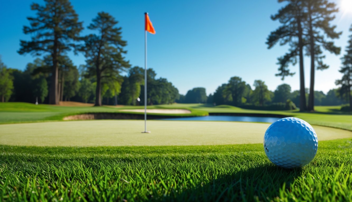 Lapangan golf yang rapi dengan bola golf di rumput hijau dekat lubang dan bendera, pohon tinggi dan kolam tenang di latar belakang.
