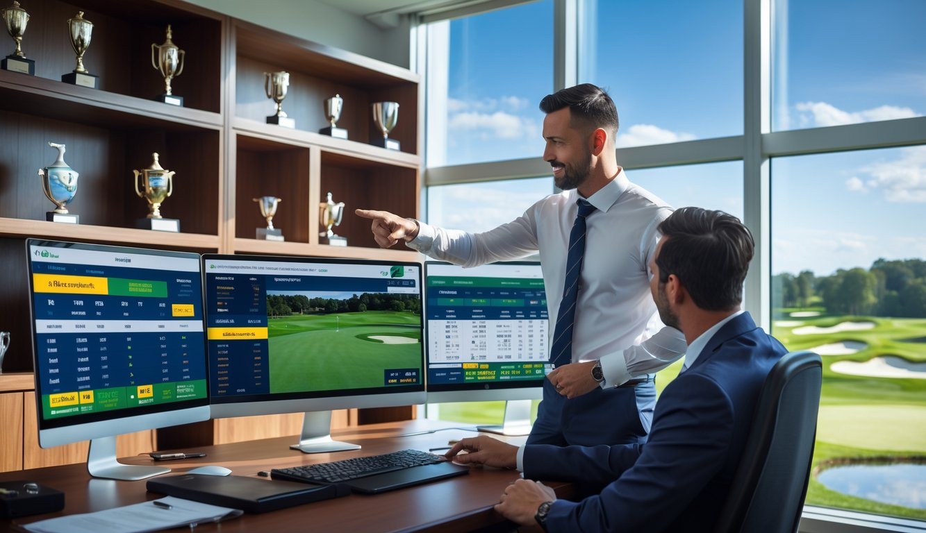 Seorang agen taruhan golf resmi sedang berbicara dengan klien di kantor modern dengan layar komputer yang menampilkan statistik dan skor golf.