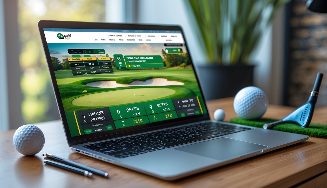 Seorang pria menggunakan laptop dengan tampilan situs judi golf online, dikelilingi perlengkapan golf di meja kayu di dalam ruangan yang terang.