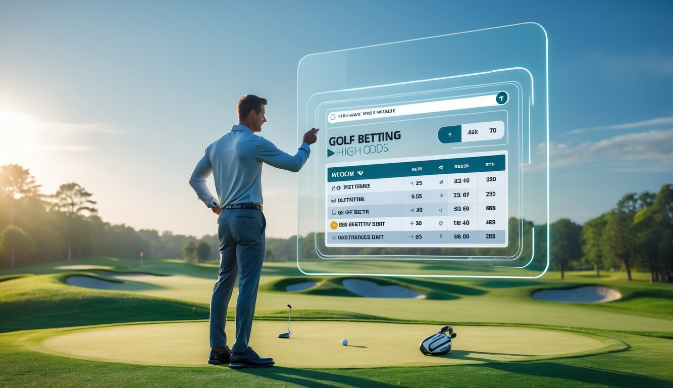 Seseorang sedang melihat dan memilih opsi taruhan golf dengan latar belakang lapangan golf yang hijau dan cerah.