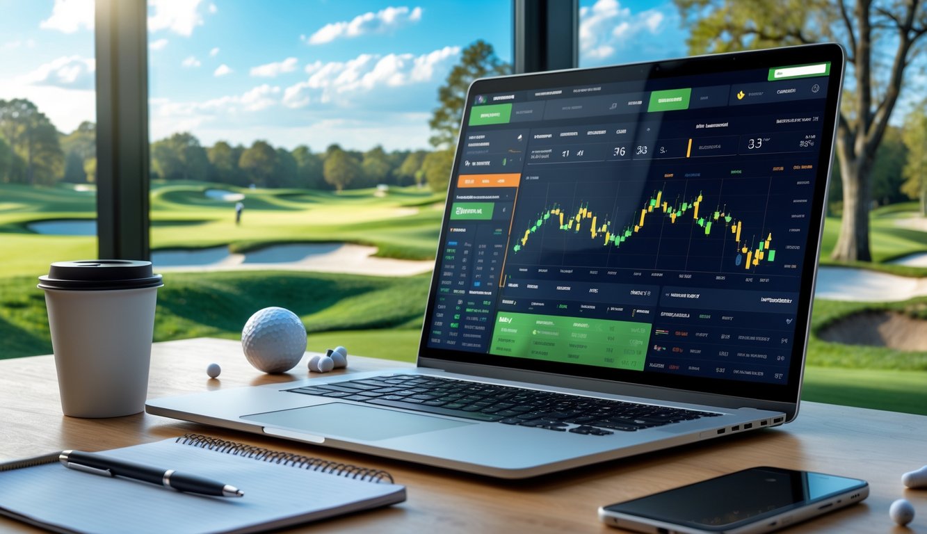 Sebuah laptop dan ponsel menampilkan platform taruhan golf dengan latar belakang lapangan golf dan pemain yang sedang bermain.